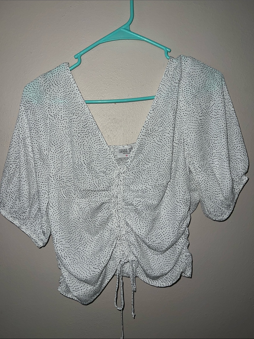 Sienna Sky White Black Dot Drawstring V-Neck Blouse